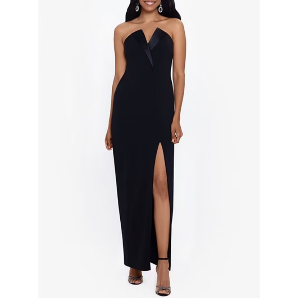 Betsy & Adam Black Strapless V-Notch Gown with Side Slit